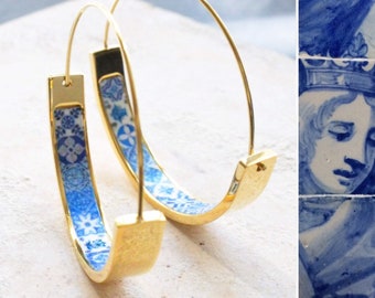Earrings Atrio Jewelry Hoops Tile Portugal Stainless Steel  Azulejo 1.50" Blue Gold 16 - 17th Century Ships from USA