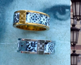 Atrio RING Black White Tile Portugal Antique Azulejo STAINLESS Steel  Hypoallergenic Ships from USA