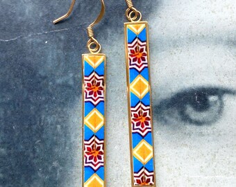 Atrio Earrings Tile Bar Earrings Blue Brown Tile Portugal Antique Azulejo PoRTO Ships from USA Gold or Silver