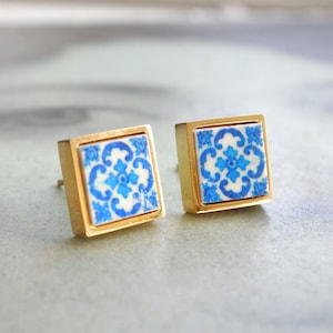 Stud Earrings Portugal Tile SOLID Stainless Steel Posts Antique Azulejo BRaGA Blue Hypo Allergenic Ships from USA Gift Boxed Gold Tone image 1