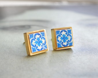 Stud Earrings Portugal Tile SOLID Stainless Steel Posts Antique Azulejo - BRaGA Blue Hypo Allergenic Ships from USA - Gift Boxed Gold Tone