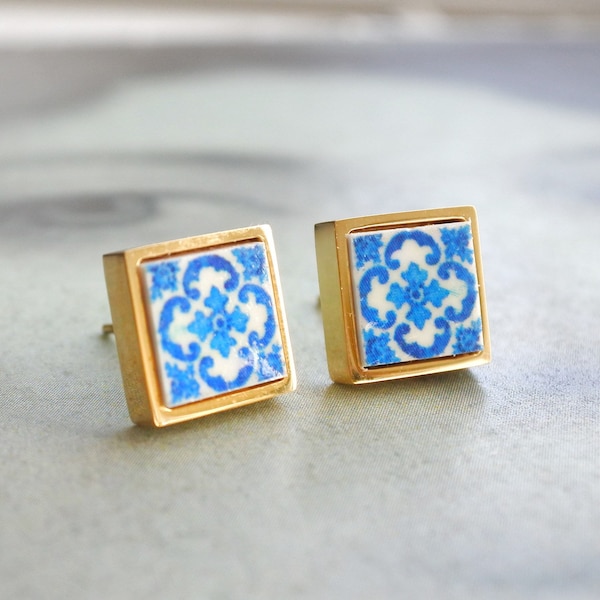 Stud Earrings Portugal Tile SOLID Stainless Steel Posts Antique Azulejo - BRaGA Blue Hypo Allergenic Ships from USA - Gift Boxed Gold Tone
