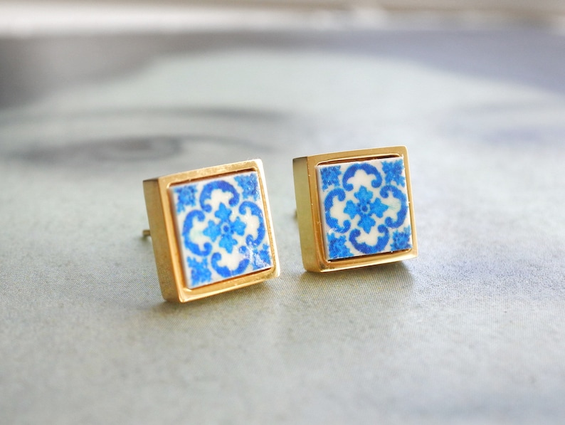 Stud Earrings Portugal Tile SOLID Stainless Steel Posts Antique Azulejo BRaGA Blue Hypo Allergenic Ships from USA Gift Boxed Gold Tone image 1