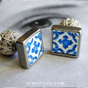 Double Earrings Front Back Portugal Tile Filigree Ball sits BEHIND earlobe Stainless Steel Post Azulejo - Ovar Blue - Gift Boxed