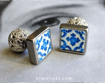 Double Earrings Front Back Portugal Tile Filigree Ball sits BEHIND earlobe Stainless Steel Post Azulejo - Ovar Blue - Gift Boxed