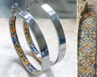 HOOP Earrings ATRIO Portugal Tile Antique Azulejo Pinterest CoIMBRA 1590 -  2" (5cm) Gift Box Included - Ships from USA