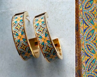 Spanish Hoop Tile Earrings Spain Earrings Plaza de Espana Seville Tile  earrings Atrio Tiles Boho Atrio Tile ethnic Earrings green brown 1”