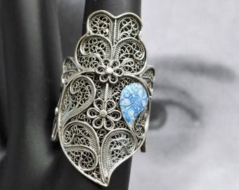 Atrio Ring Filigree Portugal SILVER  Teardrop of Saudade Tile Heart of Minho Viana - Portuguese SILVER - Adjustable - USA Shipping