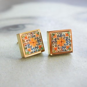 Stud Earrings Portugal Tile Antique Azulejo  COIMBRA 1590, Se de Coimbra SOLID Stainless Steel Gift Boxed Ships from USA  473 Gold Tone