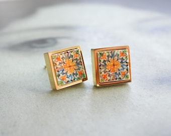 Stud Earrings Portugal Tile Antique Azulejo  COIMBRA 1590, Se de Coimbra SOLID Stainless Steel Gift Boxed Ships from USA  473 Gold Tone