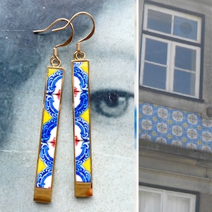 Atrio Bar Ohrringe Gelb und Blau Tile Portugal Antique Azulejo ROSTFREI Porto Schiffe aus USA Bar Ohrringe Gold oder Silber