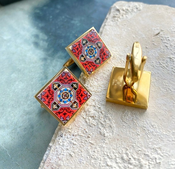 Atrio Cuff Links Portugal Azulejo Antique Tile Groom Gift Tuxedo Wedding Men's Fashion Válega Red Gold or Silver Stainless Steel 598