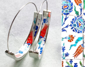 Atrio Hoops Earrings PERSIAN Arab Turkish Iznik Pottery Ottoman Islamic Tulip  -  USA Shipping 1.50" Stainless Steel