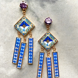 Atrio Fringe Earrings Tile Dangle Portugal Azulejo - Cubic Zirconia Studs Hypo allergenic Stainless Steel  3" Ships from USA