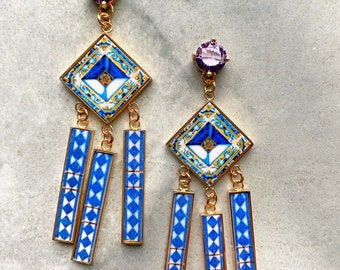 Atrio Fringe Earrings Tile Dangle Portugal Azulejo - Cubic Zirconia Studs Hypo allergenic Stainless Steel  3" Ships from USA