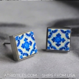 Earring Stud Portugal Tile earring Atrio Tile earring small gift for her Portuguese Tile earring Portugal Travel Gift Atrio earring blue image 1