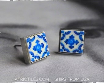 Ships FAST Stud Post Earrings Portugal Atrio Small Blue Tile Antique Azulejo  Ovar Solid Stainless Steel - Gift Boxed Ships from USA