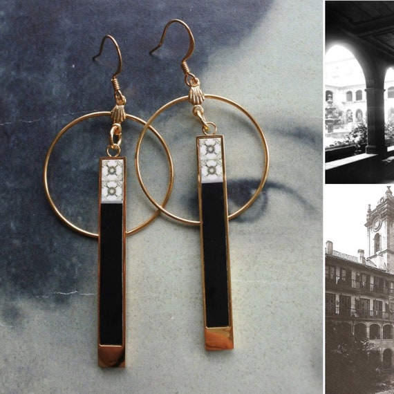 Atrio Circle Bar Earrings Matchstick Black and White Tile Azulejo
