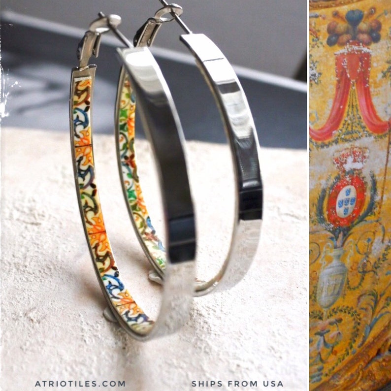 5cm Gift Box Included Ships from USA HOOP Earrings ATRIO Portugal Tile Antique Azulejo Pinterest CoIMBRA 1590-2