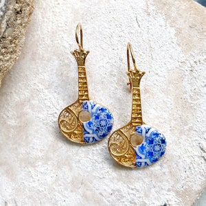 Atrio Earrings Guitar Silver Filigree Portugal Tile Atrio Azulejo Majolica, AvEIRO Blue - Gift Box Included 24k Gold Bath FADO