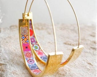 Hoops Earrings Atrio Tile Portugal Stainless Steel  Azulejo -  1.75"  Pink and Red Tiles 4.5cm Lightweight! Ships from USA