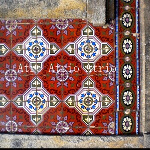 May include: A close-up of a tiled floor with a red, white, blue, and green geometric pattern. The tiles are arranged in a repeating pattern. The floor is bordered by a decorative tile strip with a floral design.