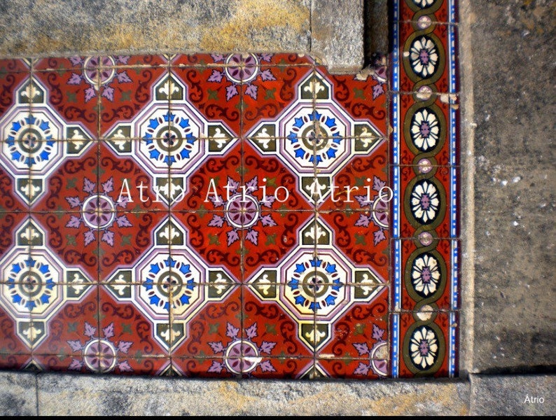 May include: A close-up of a tiled floor with a red, white, blue, and green geometric pattern. The tiles are arranged in a repeating pattern. The floor is bordered by a decorative tile strip with a floral design.