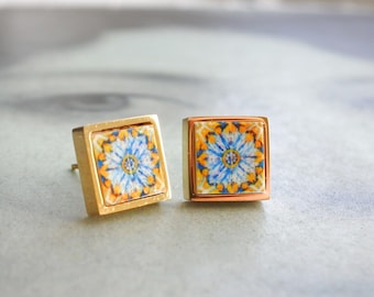 Stud Earrings Portugal Tile Atrio SOLID STAINLESS Steel 17th Century Gold Blue Azulejo - Tomar Convent of Christ built in 1160 Gold Tone 641