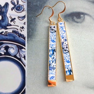 Atrio CoIMBRA Earrings Portugal 17th Century  Pottery  Matchstick Castle BAR  Reversible Ceramicas de Coimbra Stainless Steel  Willow