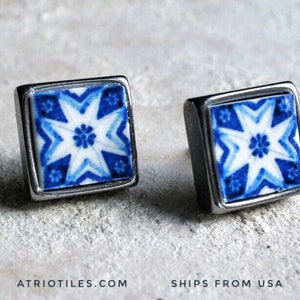 Stud Earrings Atrio Tile Portugal Blue Azulejo  - SOLID Stainless Steel - Gift Box Included - Ships from USA Minimal 719