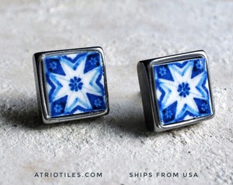 Stud Earrings Atrio Tile Portugal Blue Azulejo  - SOLID Stainless Steel - Gift Box Included - Ships from USA Minimal 719