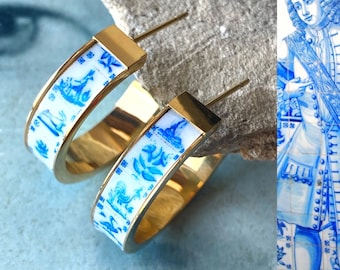 Hoop Earrings Tiles Atrio DELFT Portugal Azulejo 1" Stainless Steel Pasteis de Belem Minimal Outer Tiles Pinterest Ships from USA