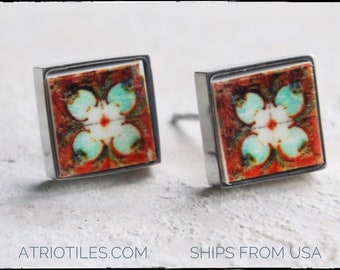 Stud Earrings Portugal Tile Atrio Azulejo Lotus Caldas Rainha Bordallo Pinheiro Art Nouveau Deco Solid Stainless Steel USA Shipping SMALL