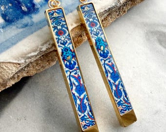 Atrio Tile Earrings Aleppo Syria Persian Tile Arab Bohemian Boho Tribal Qashani Gypsy Ethnic Moroccan Turkish Bar Earrings