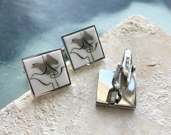 Atrio Cuff Links Antique Tile Replica Earrings Ovar Portugal ART NOUVEAU Grey Doves Mid Century Gold or Silver Stainless Steel