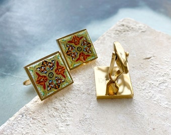 Atrio Cuff Links Portugal Tile Arab Portuguese Azulejos Groom Gift for him  Persian Ships from USA Gold or Silver Stainless