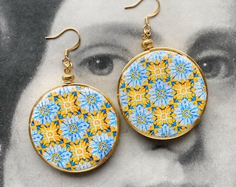 LIMITED EDITION Earrings Atrio Portugal Tile Atrio 17th Century Gold Blue Azulejo - Tomar Convent of Christ built in 1160 Reversible
