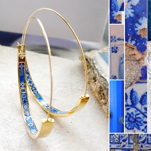 Hoops Atrio Earrings Blue Tile Portugal Azulejo STAINLESS STEEL Wire Flat Bottom Lightweight 2&quot; Gold Tone Ships from USA