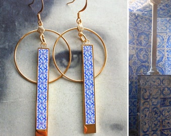 Bar Earrings ATRIO Circle Bar Matchstick Tile Portugal Stainless Steel Antique Azulejo - Blue AvEIRO Santa Joana Convent 1458 2 Options