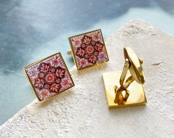 Atrio Cuff Links Red Tile Portugal Antique Azulejo - Ovar Groomsmen Groom Gift for Him Gold or Silver Stainless Steel Ships from USA