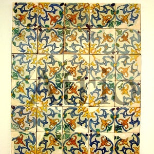 May include: A collection of 25 square ceramic tiles with a repeating pattern of blue, yellow, and orange floral designs. The tiles are arranged in a grid pattern.