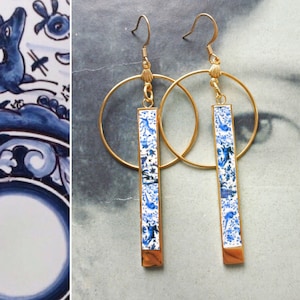 Atrio CoIMBRA Earrings Portugal 17th Century  Pottery  Matchstick Castle BAR  Reversible Ceramicas de Coimbra Stainless Steel  Willow