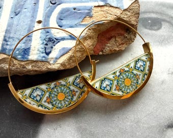 Atrio Earrings 1.50" Hoops Tile Portugal Stainless Steel Antique Azulejo - Palacio Fonte Nova 1743 Stables Half Moon