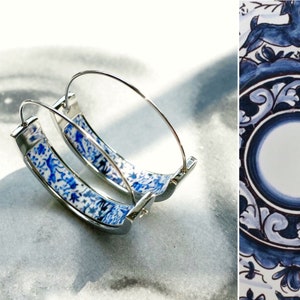 Small Atrio Hoop Earrings Coimbra Portugal 17th BLUE Century Pottery Ceramic DeeR  Stainless Steel Hypoallergenic Ships from USA 1”