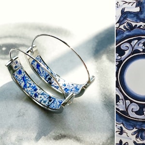 Small Atrio Hoop Earrings Coimbra Portugal 17th BLUE Century Pottery Ceramic DeeR  Stainless Steel Hypoallergenic Ships from USA 1”