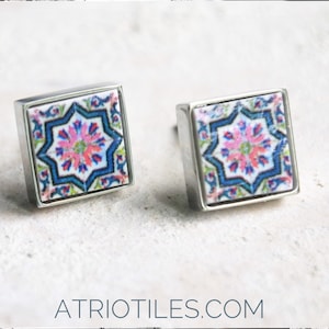STUD Earrings Portugal Tile Azulejo Tile SOLID Stainless Steel Posts Hypo allergenic OVAR, Ourivesaria Carvalho  Gift Boxed  651a Small