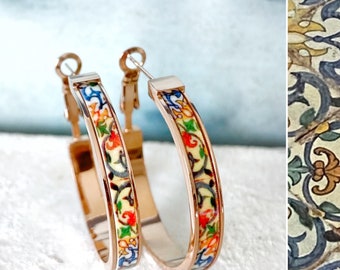HOOP Earrings ATRIO Portugal Tile Antique Azulejo Pinterest CoIMBRA 1590 -Stainless Steel 1.25" Gift Box Included - Ships from USA Rose Gold