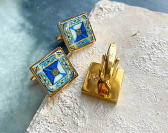 Atrio CUFF LINKS Tile Men's Gift Portugal Groom Azulejo Antique 17th Century Tomar Santa Iria Church Diamond Point Gold Stainless Steel