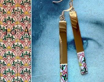 Atrio Earrings Bar Dipped Chipped Fragment Tiles  Majolica Stainless Steel Art Nouveau Valentine’s Day Minimal Ships from USA pink