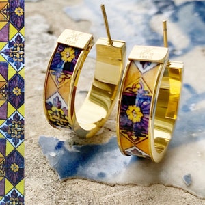 Bruine ATRIO-ringen Bruine hoepels bruine oorbellen geometrische oorbellen tegel Portugal roestvrij staal antieke azulejo etnische oorbellen goud zilver 1"